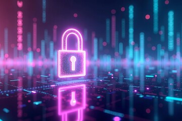 Futuristic glowing padlock symbolizing digital security and data protection in a vibrant cyber landscape with neon colors