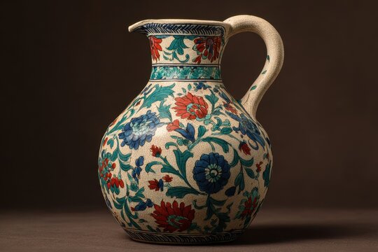 Jug of Iznik pottery featuring colorful floral patterns against a plain backdrop alongside painted porcelain vases