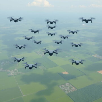 A swarm of AI-controlled drones flying in synchronized patterns over a sprawling green landscape, forming intricate geometric shapes in the sky.