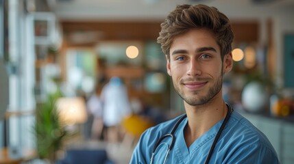 Handsome nurse in scrubs smiles warmly, in a brightly lit, blurred hospital setting
