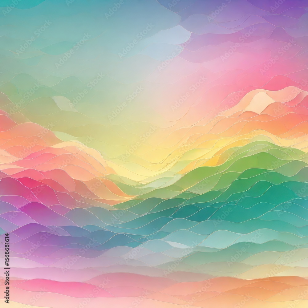 Poster pastelhued waves create an abstract landscape of overlapping colors and subtle golden outlines