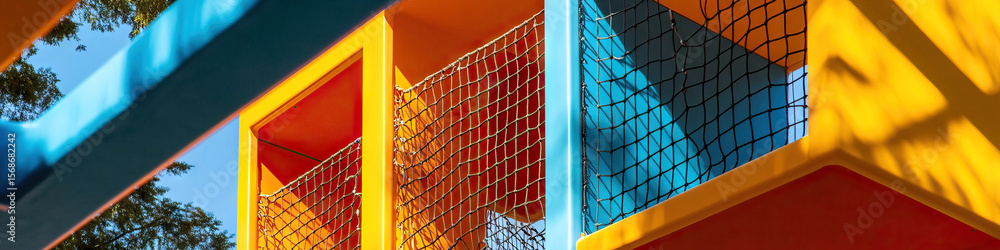 Poster playground structure with orange and blue cubical frames and netting