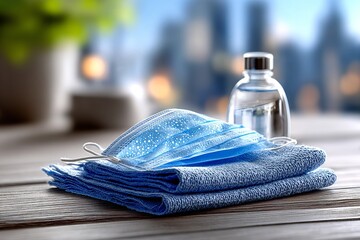 Blue masks and a water bottle on a wooden surface with a blurred city background, highlighting safety and hygiene measures