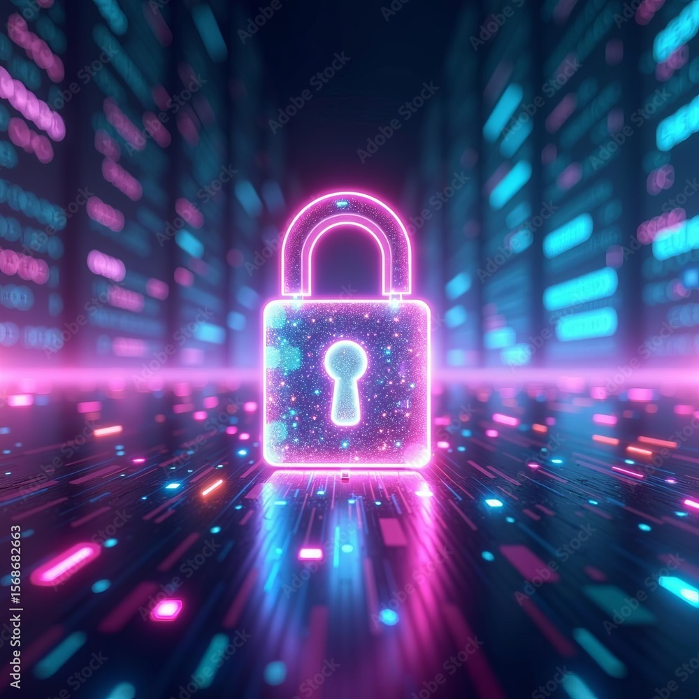 Poster futuristic neon glowing padlock symbolizing cybersecurity and digital data protection in a high tech