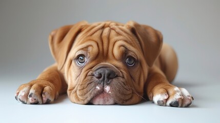 Obraz premium Wrinkled puppy, brown fur, lying down, large eyes, on plain background