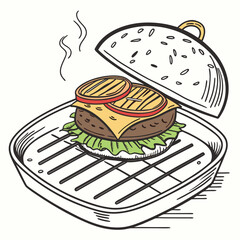 Burger cooking on grill with lid open food meat