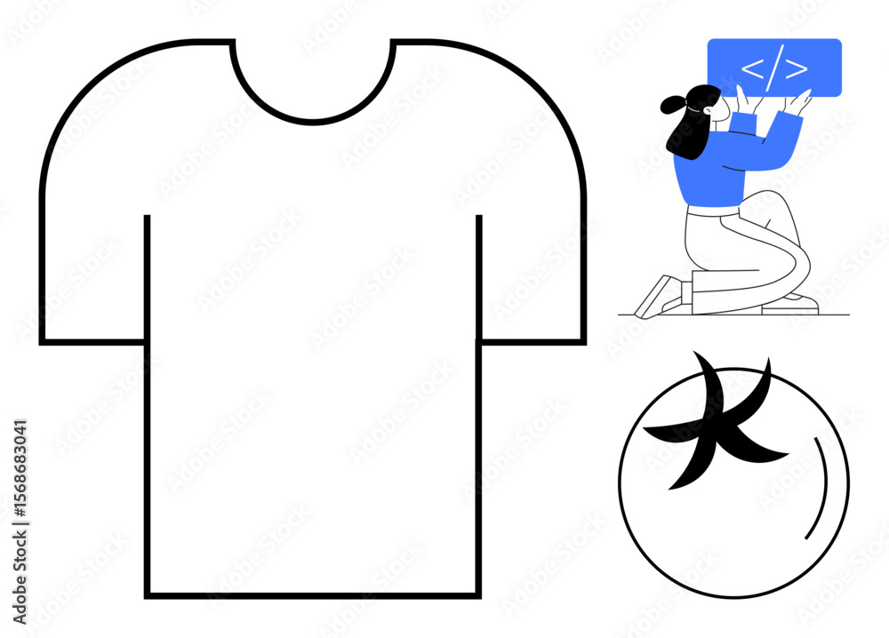 Aufkleber woman coding at a laptop with a screen marked by coding tags, outlined t-shirt, and artistic spheric