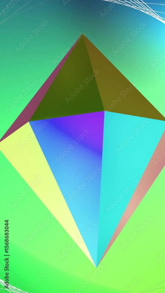 Poster animation of network structure over metallic 3d diamond rotating on soft green background