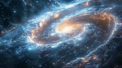 Swirling galaxy with bright center, nebulous arms in blues and golds, cosmic dust