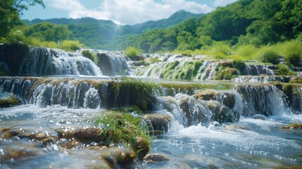 Fototapeta premium Cascading waterfall flowing over mossy rocks, lush green mountains in the background, sunlight filtering through