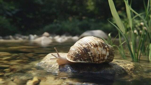 A snail rests on a rock in a shallow stream.  Sunlight illuminates the shell and the surrounding greenery