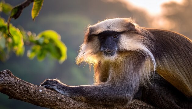 a magical take on a serene image of a langoor perched on a tree branch