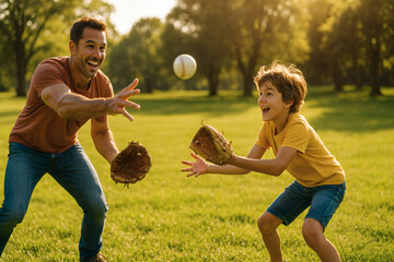Dia dos pais father and son playing catch baseball in park outdoor activity family time fun game summer day happy smiles