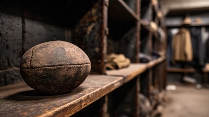 Vintage rugby ball on aged wooden shelves