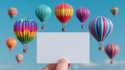 Naklejka premium Colorful Hot Air Balloons Against a Clear Blue Sky with Blank Card