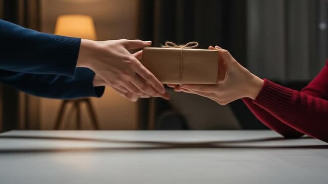 Giving a Wrapped Gift: Hands Exchanging a Present in a Warmly Lit Room