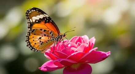 Obraz premium Butterfly perched on pink flower in soft focus garden setting