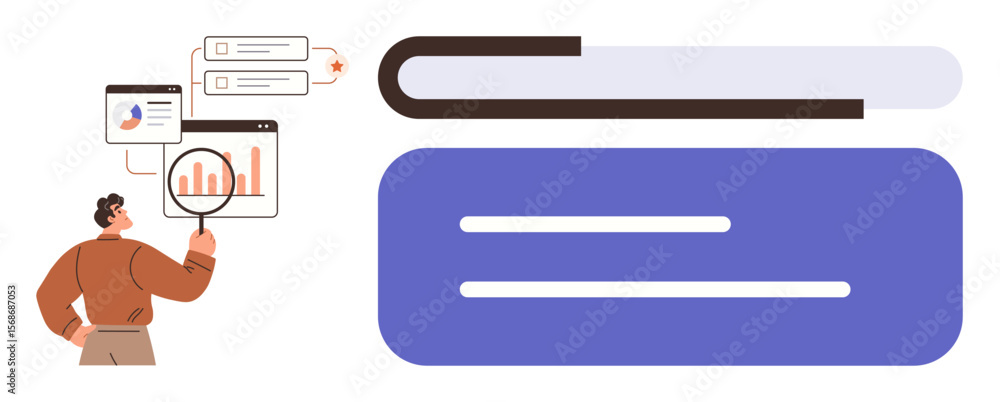 Aufkleber person examining data graphs and charts on screens using magnifying glass next to a book icon. ideal