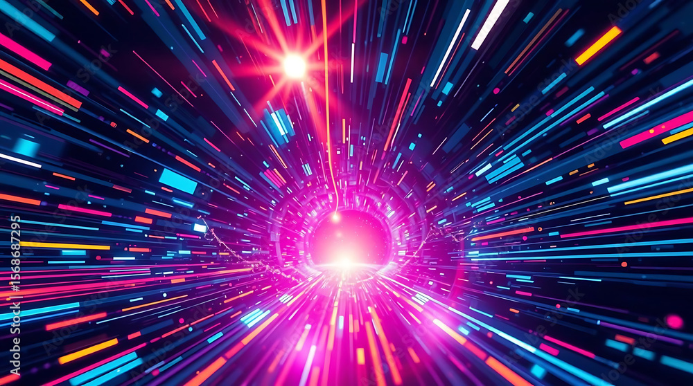 Aufkleber dynamic futuristic background showcases a neon tunnel with geometric lines, vibrant color gradients,