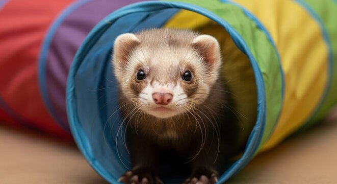 Cute ferret peeking through a colorful play tunnel, pet portrait