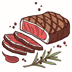 Sliced grilled steak with rosemary and sauce meat food