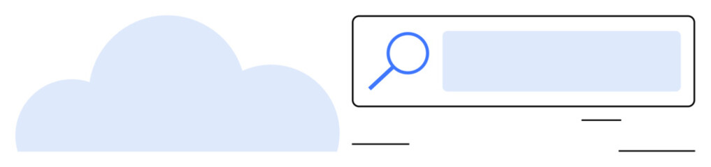 Cloud silhouette beside a search bar with magnifying glass icon, suggesting online data retrieval. Ideal for technology, cloud computing, data storage, digital solutions, online services, search