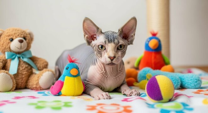 Hairless cat with toys on a colorful blanket in a home setting.