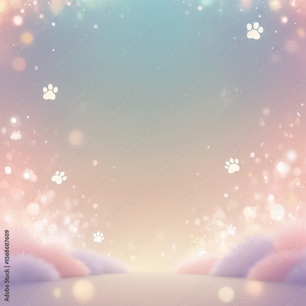 Poster soft background with paw prints pastel colors and fuzzy foreground elements