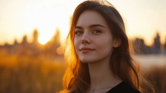 The beautiful girl smiled brightly as the wind gently played with her long, flowing hair.