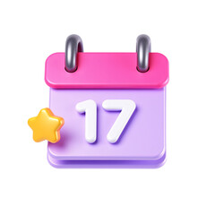 Cute 3d calendar icon with number seventeen and star isolated on transparent background
