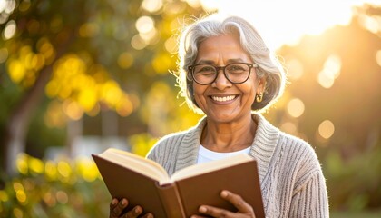 Smiling Elderly Woman Reading a Book Outdoors