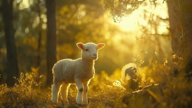 The small, cute sheep wandered around the green meadow, bleating softly under the sunny blue sky.