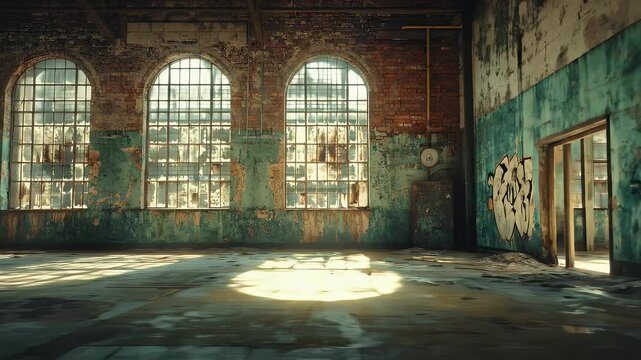 Dilapidated Brick Industrial Interior with Arched Windows and Natural Light