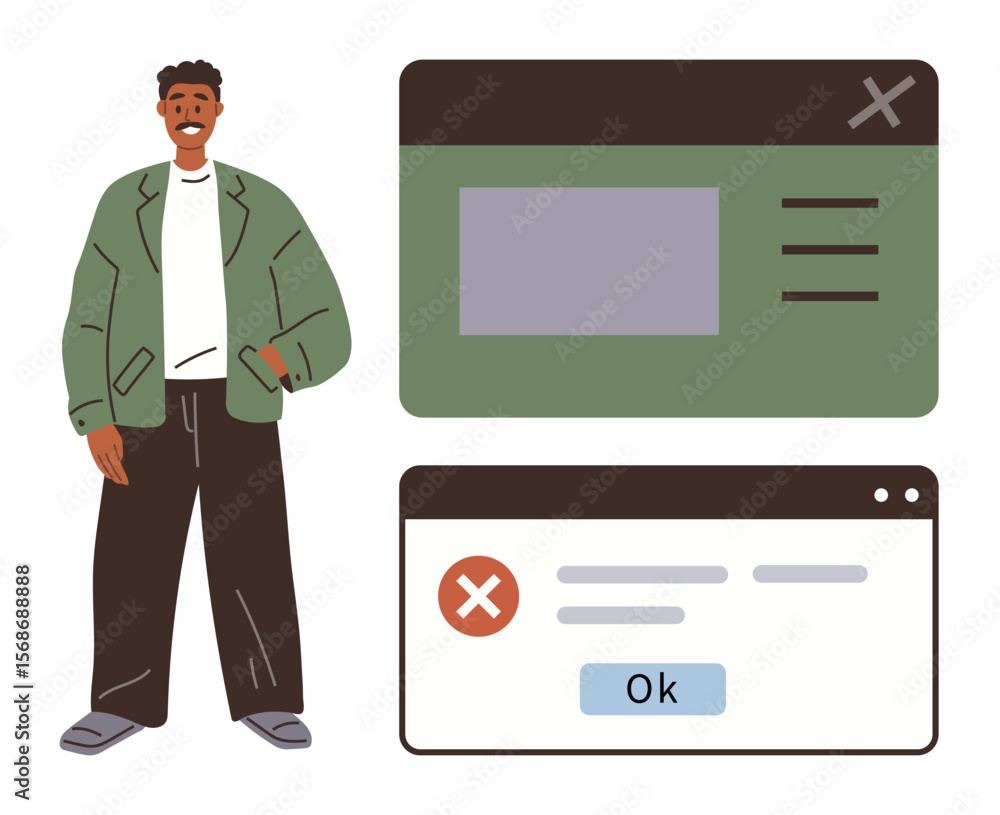 Poster man in casual attire beside ui browser window and error pop-up with an ok button. ideal for technolo