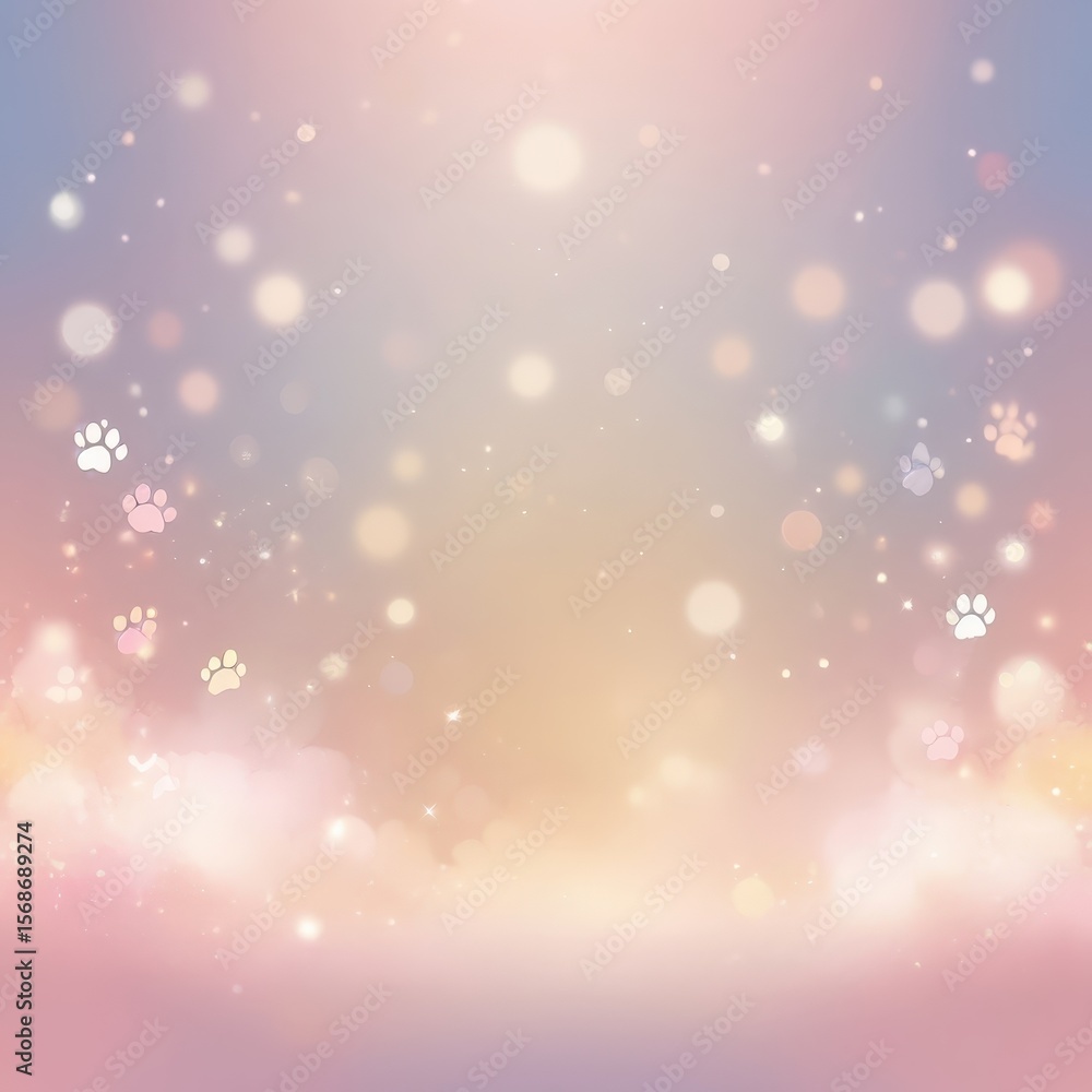 Poster softhued bokeh background featuring paw prints and ethereal light effects