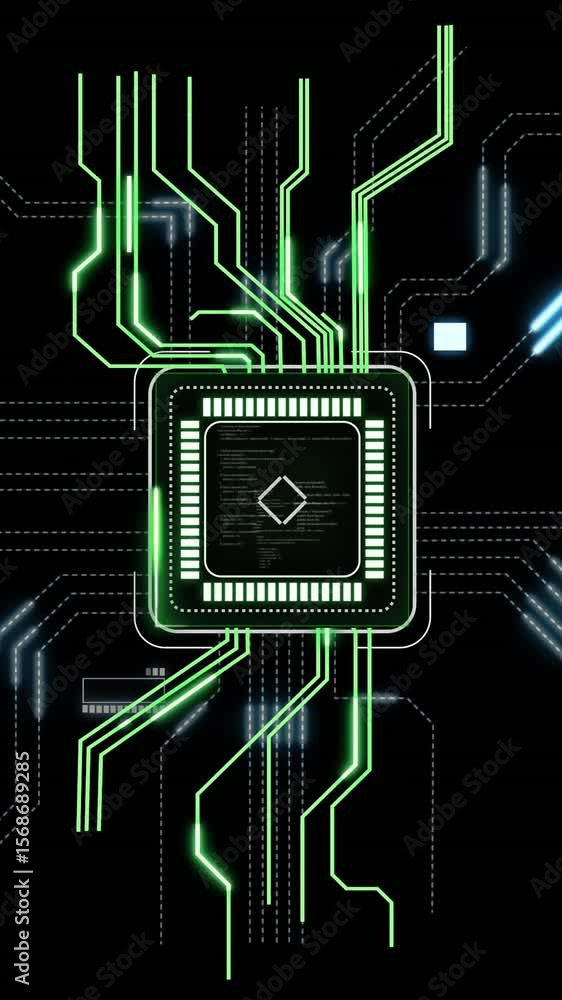 Poster microchip with green circuits and data flow animation on black background