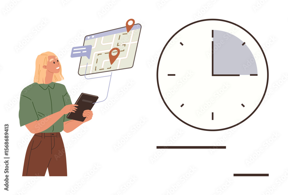 Poster tablet interaction with digital map showing navigation markers next to clock reflecting deadline or 