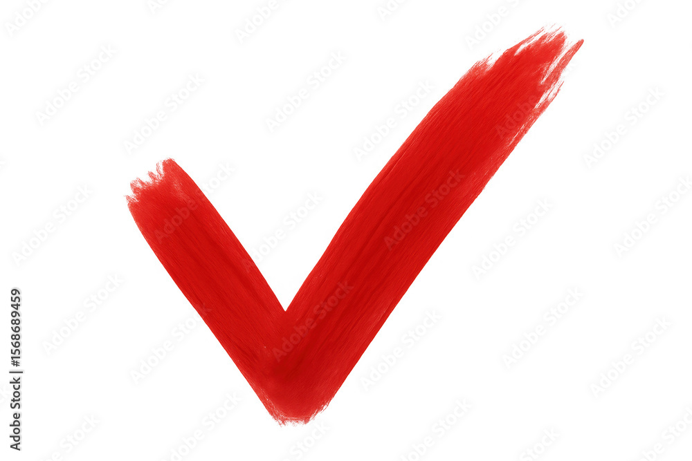 Poster red brush stroke forming check mark on transparent backdrop, signaling successful validation and pos