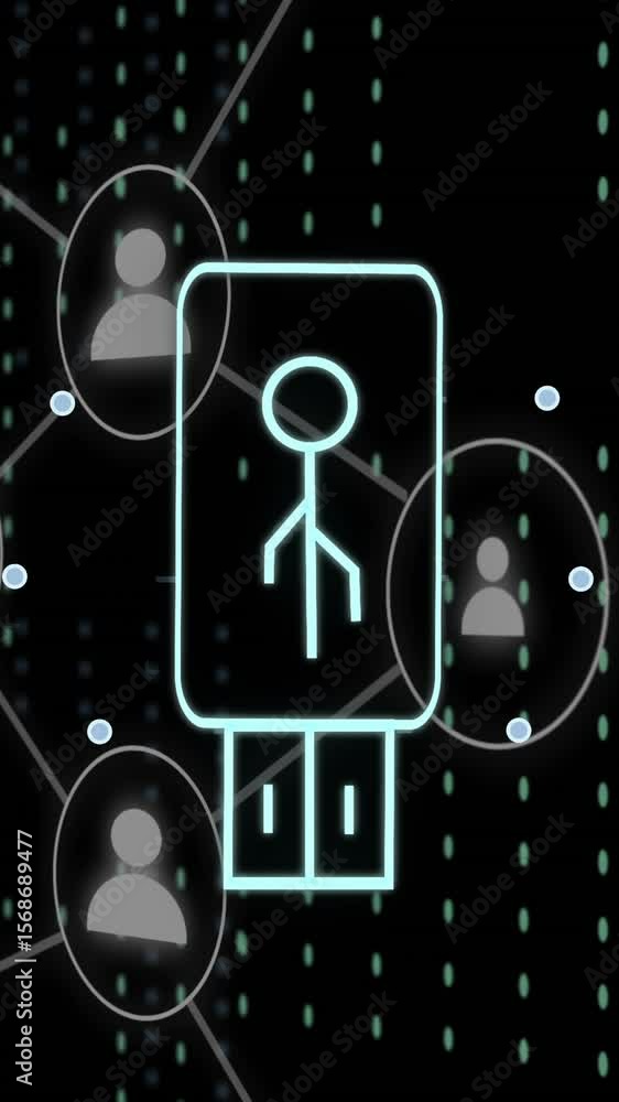 Poster animating digital connections and data network over abstract background with user icons