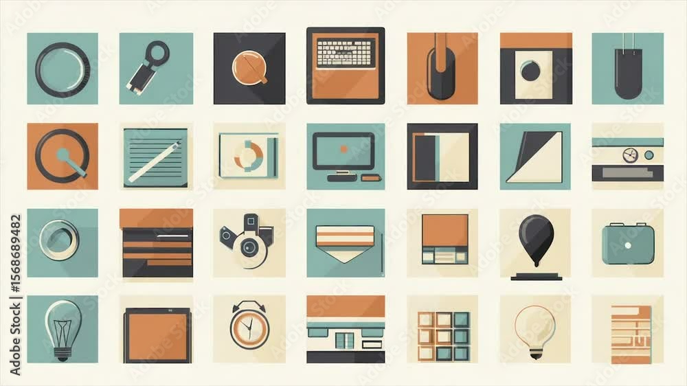 Poster collection of flat design icons representing various digital tools and technologies