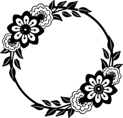 Floral corner and circle frame with leaves, SVG vector illustration for decorative design, clean lines.Black and White Flower Wreath Outline for Decoration Use