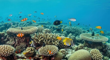 Naklejka premium Coral reef habitat with colorful fish swimming in clear ocean water