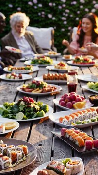 Vertical screen, multi generational family and friends savoring colorful sushi and salads while sharing a joyful meal at rustic wooden outdoor table