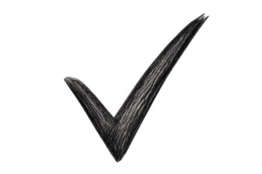 Charcoal-drawn checkmark indicating positive confirmation, validation, success on transparent surface