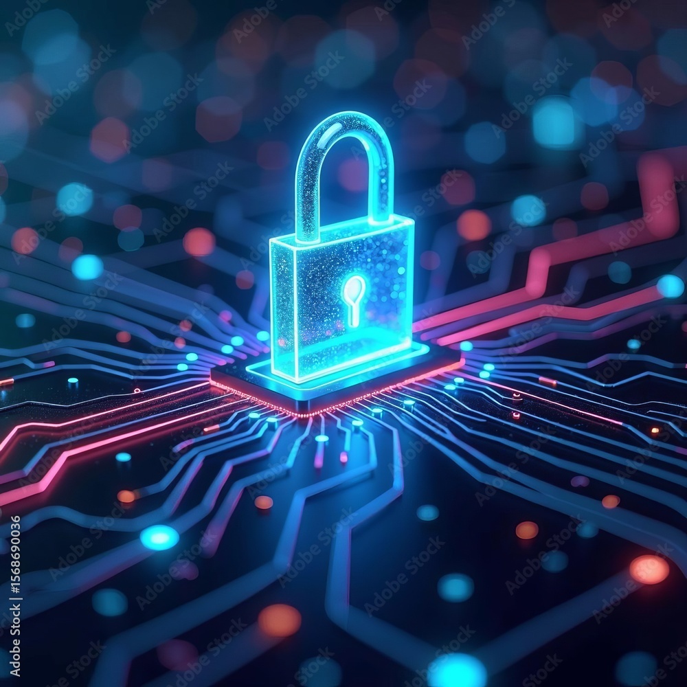 Poster futuristic glowing digital padlock symbolizing cyber security and data protection on a vibrant circu