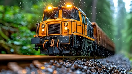 Yellow Model Train on Rainy Forest Railway Tracks