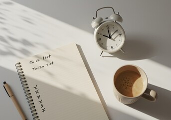 A to-do list on a notebook with a pen, a cup of coffee, and an alarm clock on a white surface.