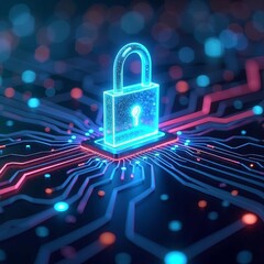 Futuristic glowing digital padlock symbolizing cyber security and data protection on a vibrant circuit board background