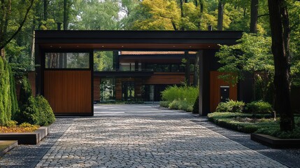 Modern home entrance, driveway, leafy trees, luxury estate, real estate