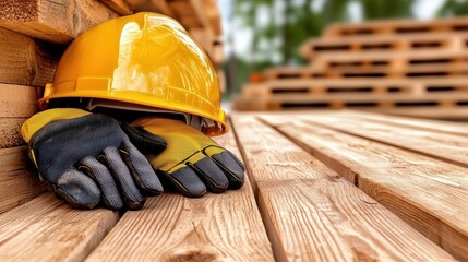 Yellow Hard Hat and Work Gloves on Wooden Planks